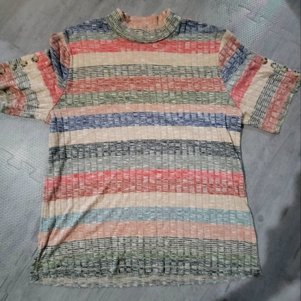 Jolt Dress shirt Striped Multicolor Tshirt and lightweight turtleneck w buttons